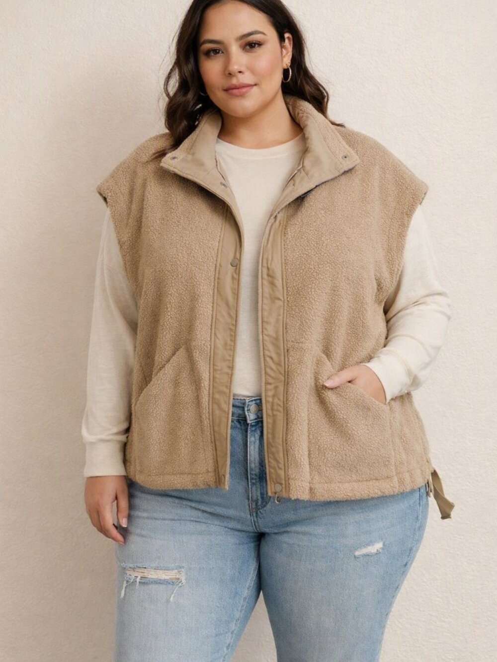Cozy Taupe Sherpa Vest with Front Pockets